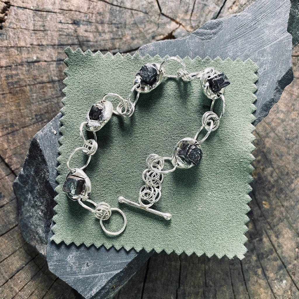 Handcrafted Sterling Silver Foraged Hematite Cube Bracelet