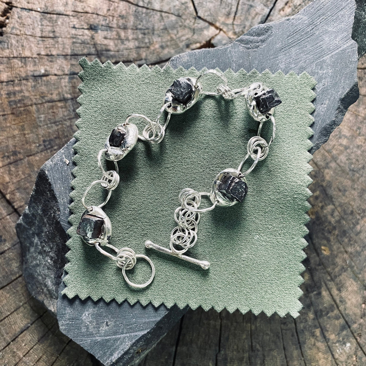 Handcrafted Sterling Silver Foraged Hematite Cube Bracelet